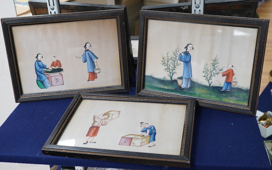 Chinese School, set of three pith paper paintings, Tradesmen and figures, 17 x 24cm. Condition - fair, some discolouration throughout